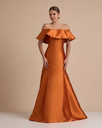 Vestido de Festa Longo Zibeline Ombro a Ombro com Babado Terracota