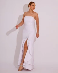 Vestido Longo com Fenda de Babados Alfaiataria Branco