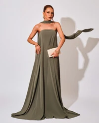 Vestido de Festa Longo Crepe Tomara que Caia com Lenço Verde Oliva