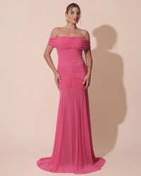 Vestido de Festa Longo Tule Ombro a Ombro Drapeado com Saia Fluida Pink