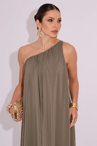 Vestido de Festa Longo Crepe Fluido um Ombro Só com Lenço Verde Oliva