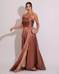 Vestido de Festa Longo Tomara que Caia Trançado Costa em Zibeline Mocha Mousse