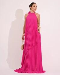 Vestidos de Festa Longo Chiffon Fluido Frente Única Plissado Duplo Pink