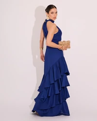 Vestido de Festa Longo Decote Halter com Babados Azul Marinho