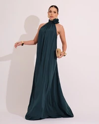 Vestido Longo Crepe Chiffon Frente Única Fluido Flor Removível Verde Escuro