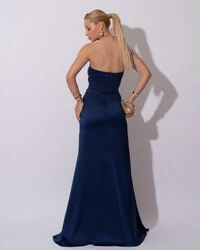 Vestido de Festa Longo Cetim Alfaiataria Tomara que Caia Fenda Azul Marinho