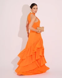 Vestido de Festa Longo Decote Halter com Babados Laranja