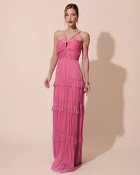 Vestido de Festa Longo Tule com Saia Babado Pink