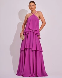 Vestido Longo Babado em Camadas Fúcsia