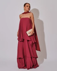 Vestido de Festa Longo Chiffon Crepe em Camadas com Lenço Cereja