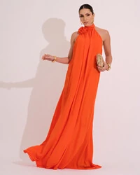 Vestido Longo Crepe Chiffon Frente Única Fluido Flor Removível Laranja