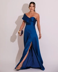Vestido de Festa longo Faixa Ombro e Fenda Zibeline Azul Royal
