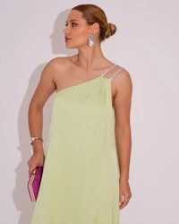 Vestido de Festa Longo Cetim Um Ombro Só Verde Lima