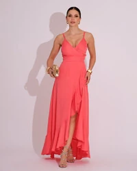 Vestido Midi Babado Acetinado Coral