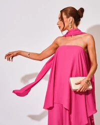 Vestido de Festa Longo Chiffon Crepe em Camadas com Lenço Pink