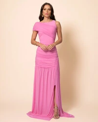Vestido de Festa Longo Tule Faixa Detalhe Drapeado Rosa