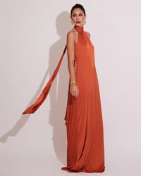 Vestido de Festa Gola Alta com Decote nas Costas Acetinado Terracota