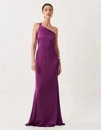 Vestido de Festa Longo Cetim Fluido Um Ombro Só Amarração Costas Roxo