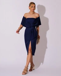 Vestido de Festa Midi Alfaiataria Azul Marinho