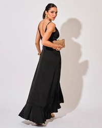 Vestido Midi Babado Acetinado Preto