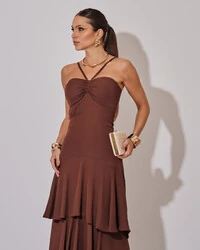 Vestido Longo Crepe com Babado em Camadas Marrom