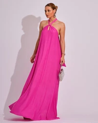 Vestido Longo com Amarração em Malha Pink