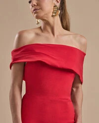 Vestido de Festa Longo Alfaiataria Ombro a Ombro com Babado Cascata Vermelho