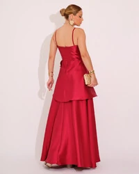 Vestido de Festa Zibeline Tomara que Caia com Recortes e Camadas Marsala