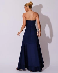 Vestido Longo com Fenda de Babados Alfaiataria Azul Marinho