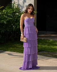 Vestido de Festa Longo Tule Glitter com Camadas Lilás