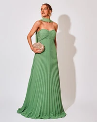 Vestido de Festa Longo Tomara que Caia Plissado com Lenço Verde Kiwi