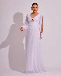 Vestido de Festa Longo com Mangas Longas Cintura Drapeada Branco