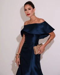 Vestido de Festa Longo Ombro a Ombro Zibeline com Babado Azul Marinho