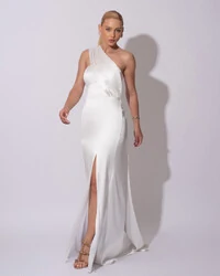 Vestido de Festa Longo Cetim Alfaiataria Tomara que Caia com Faixa Lenço Branco