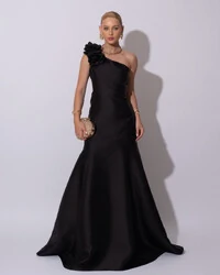 Vestido de Festa Longo Zibeline um Ombro Só Flor Removível Saia Sereia Preto