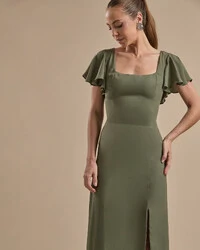 Vestido de Festa Longo Crepe Chiffon Manga Babado e Fenda Verde Oliva