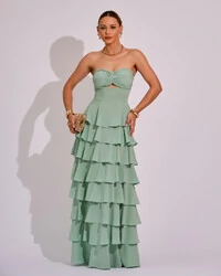 Vestido Longo Crepe Chiffon Tomara que Caia Plissado em Camadas Verde Menta