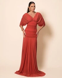 Vestido de Festa Longo Tule Manga Curta Drapeado Terracota