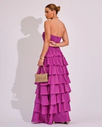 Vestido Longo Crepe Chiffon Tomara que Caia Plissado em Camadas Fúcsia