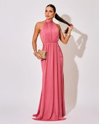 Vestido de Festa Longo Malha Jersey Gola Alta Saia Sereia Rosa