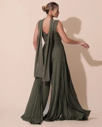 Macacão de Festa Longo Crepe Pantalona Plissado e Lenço Verde Oliva