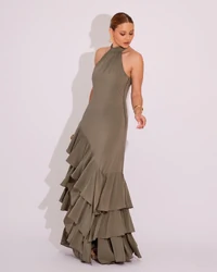 Vestido de Festa Longo Decote Halter com Babados Verde Oliva