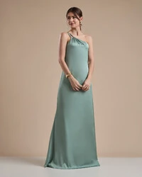 Vestido de Festa Longo em Cetim Fluido um Ombro Só com Lenço Verde Menta
