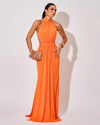 Vestido de Festa Longo Malha Jersey Gola Alta Saia Sereia Laranja