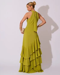 Vestido de Festa Longo Chiffon Crepe Gola Alta Babados Verde Pistache