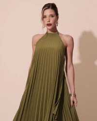 Vestidos de Festa Longo Chiffon Fluido Frente Única Plissado Duplo Verde Oliva New