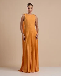 Vestido de Festa Longo Crepe Chiffon Plissado com Lenço nas Alças Laranja Manga