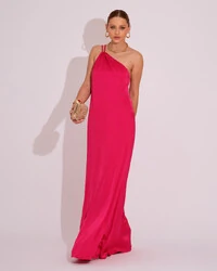 Vestido de Festa Longo em Cetim Fluido um Ombro Só Pink