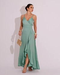 Vestido Midi Babado Acetinado Verde Menta