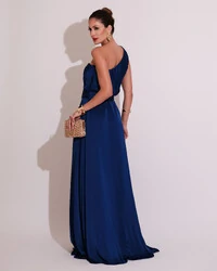 Vestido Longo um Ombro com Busto Blousê e Fenda Azul Royal